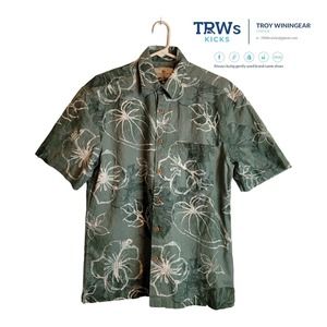 Island Shores Mens Hawaiian Shirt Green Floral Short Sleeve Pocket M